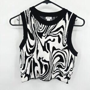 Y2K Psychedelic Swirl Knit Tank S Black White Abstract Indie Sleaze Artsy Crop